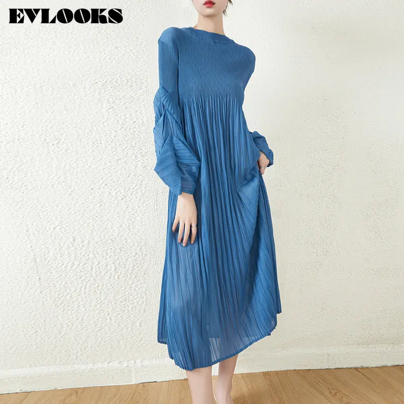 

EVLOOKS Miyak Women Pleated Blue Long Dress Elegant New O-Neck Long Sleeve Loose Fit Fashion Tide 2023 Spring Summer L266