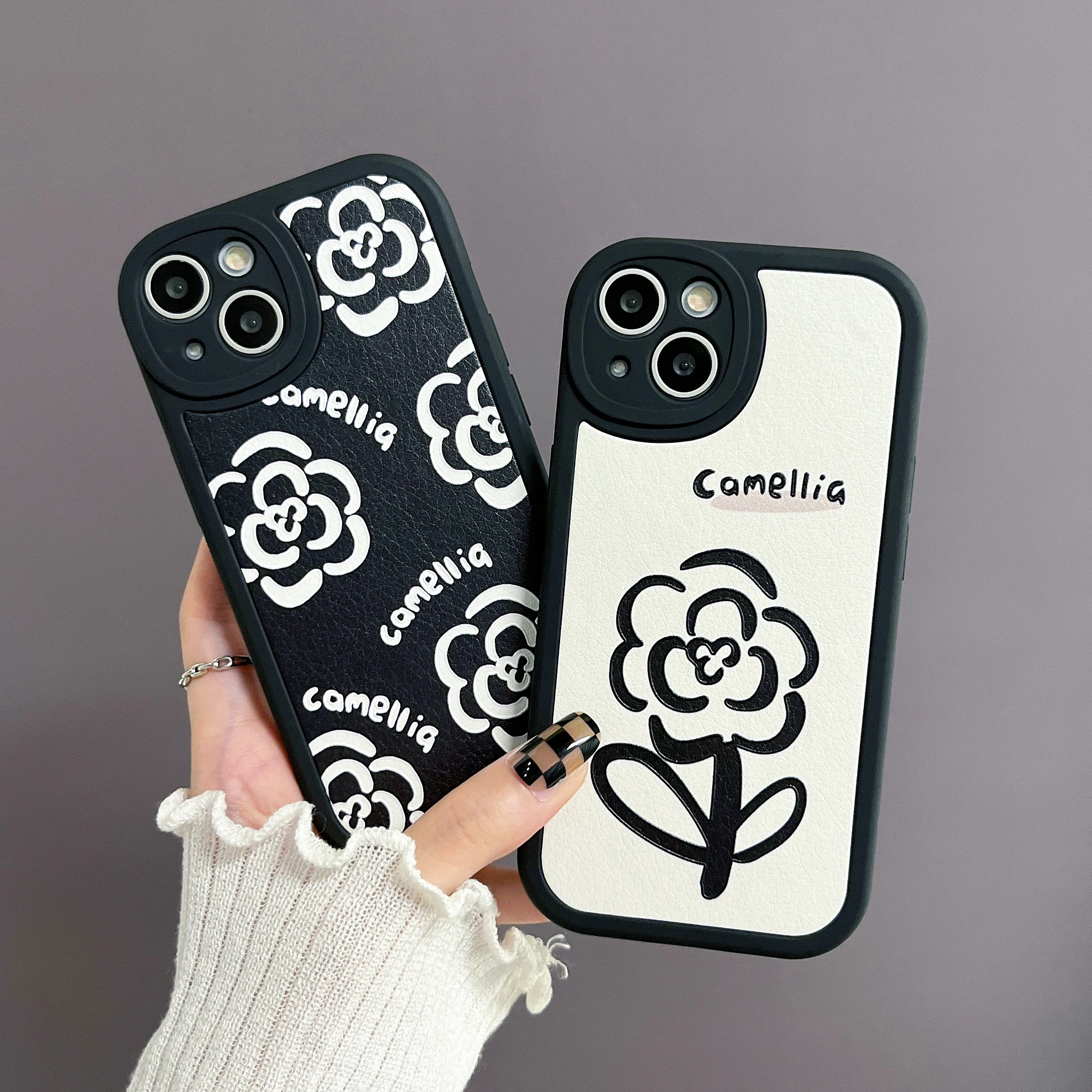 

Lambskin Camellia Black White Flower Leather Phone Case for iPhone 14 13 12 11 Pro X XR XS Max 6 6S 7 8 Plus Luxury Cover Funda