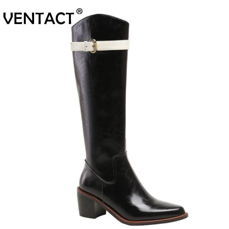 

VENTACT Real Leather Shoes Women Knee High Boots Thick High Heels Mixed Color Ins Style Cool Winter Female Footwear Size 34-39