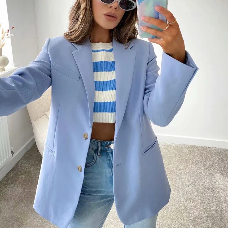 

New Arrivals Women Solid Candy Blue Blazer Coat za Vintage Notched Collar Pocket Fashion Female Oversized Casual Chic Tops 2022