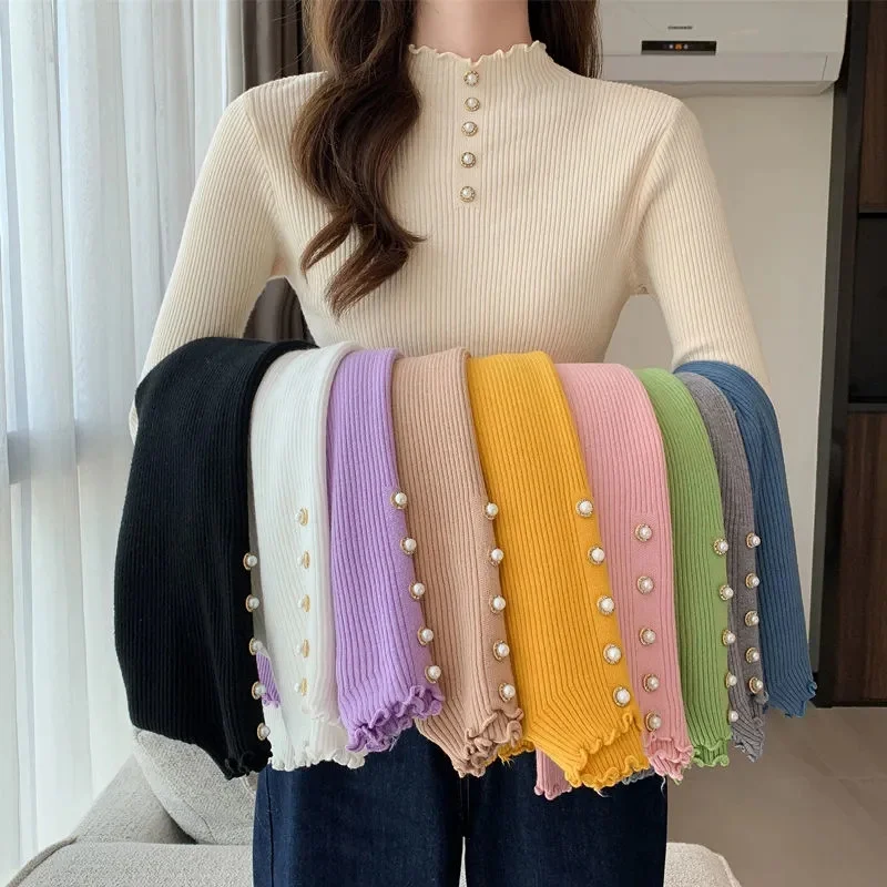 

2022 New Pullover Women Sweater Autumn Knitted Button Long Sleeve Half Turtleneck Female Jumper Elastic Korean Soft Pull Female