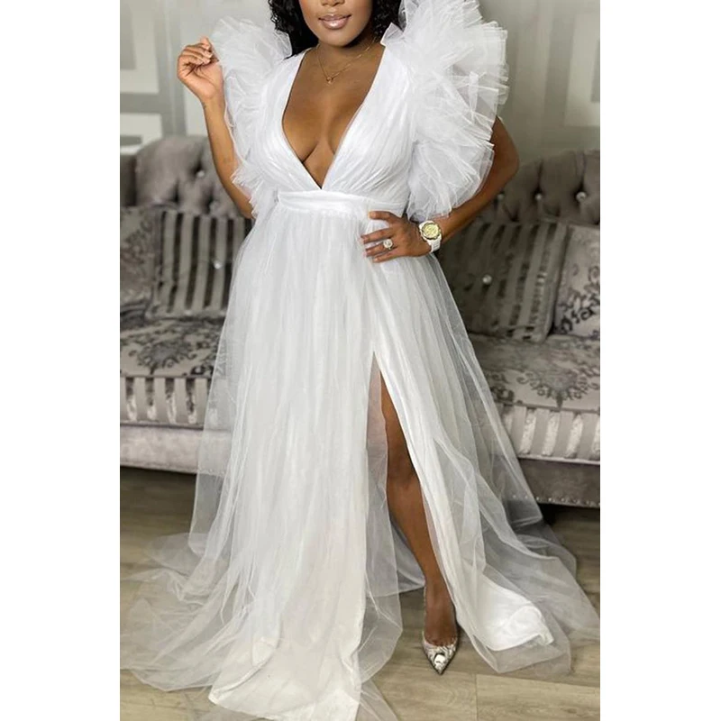 2023 New in Women Tull Maxi Dress White Pink Deep V Neck Puff Sleeve Birthday Formal Evening Party Long Dresses