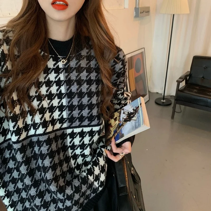 

2022 Autumn Winter Long Sleeve Contrast Houndstooth Pullover Women Sweater Knit Sweaters O-Neck Tops Korean Pull Jumper Female