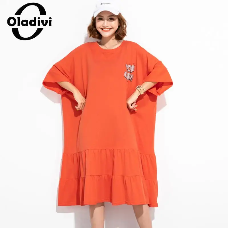 

Oladivi Large Size Women Letter Print Casual Loose Cotton Dress Spring Summer Oversized Shirt Dresses Tunics STK 621 7XL 8XL 9XL
