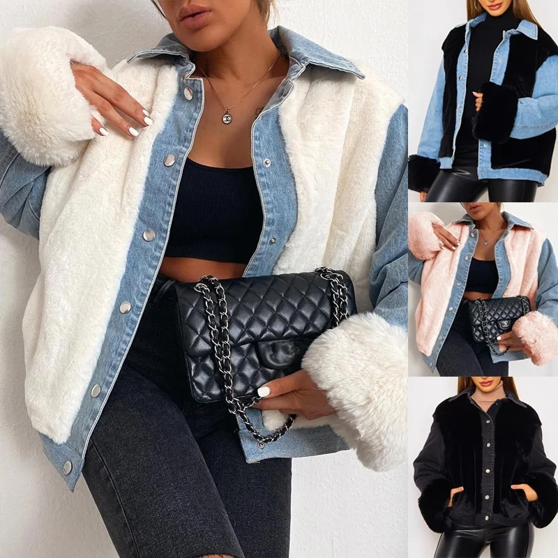 Fashion Warm Fleece Denim Patchwork Coat Jacket Ladies Autumn and Winter Casual Loose Long-sleeved Jacket Streetwear Crop Jacket
