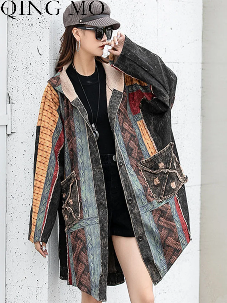 

Женский джинсовый кардиган с капюшоном QING MO, свободный трикотажный кардиган с длинными рукавами и принтом, Осень-зима 2023