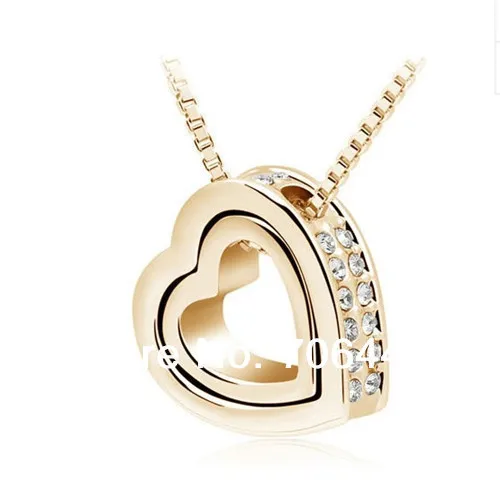 

Gold Tone Austrian Crystal Double Heart Drop Pendant Necklace Jewelry