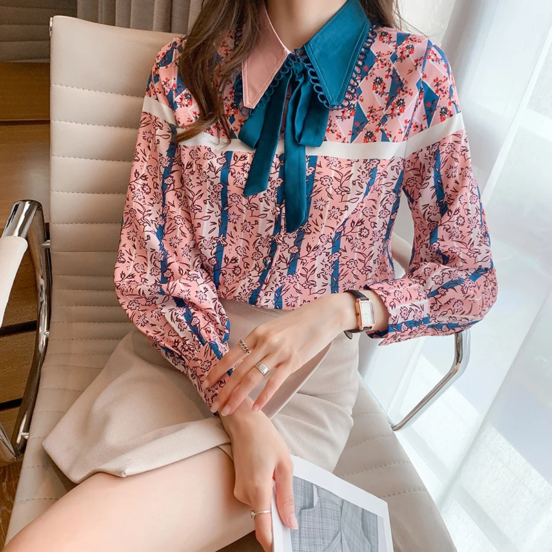 

Houthion New Women's Blouse Bow Casual Polo Shirt Fashion Printing Splicing Chiffon Lady Long Sleeve Top