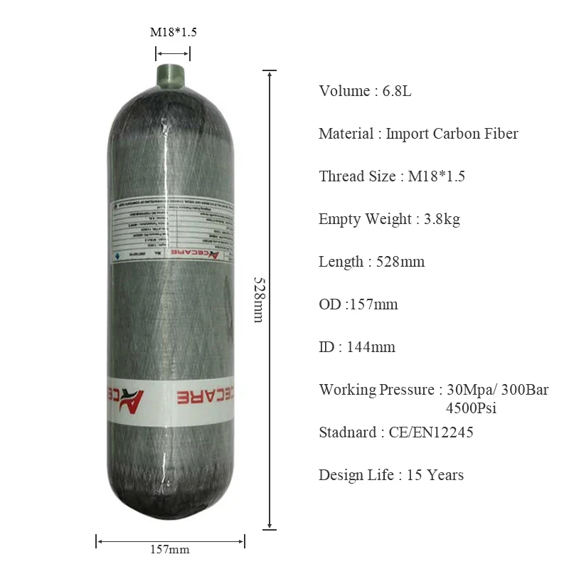 Фото Баллон ACECARE 4500psi 6.8L из углеродного волокна, баллон высокого давления с заправочной станцией и регулирующим клапаном №2