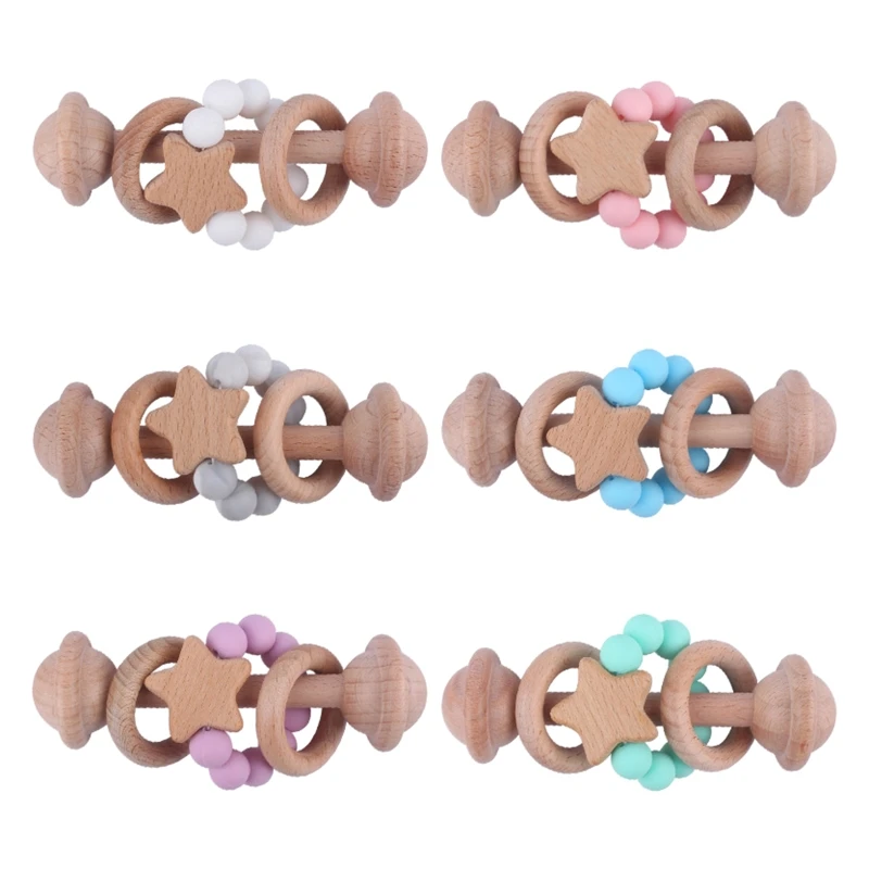 

Wooden Baby Rattle Shake Toy Silicone Beads Teether Ring Grasping Teething Toys for Babies Toddlers Infant Boys Girls Gift GXMB