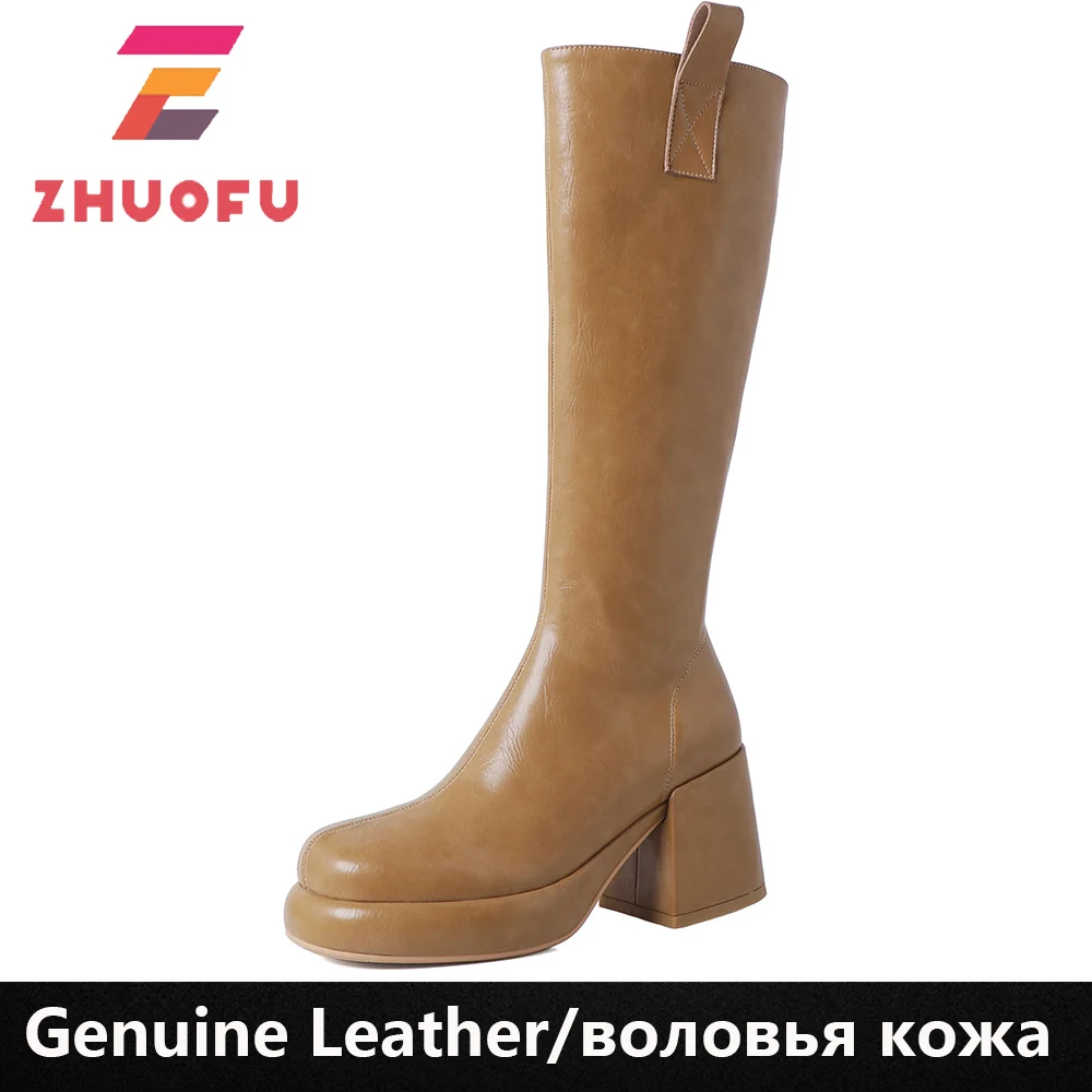 

ZHUOFU 2023 модные женские сапоги до колена из коровьей кожи, теплые плоские толстые высокие каблуки, женская обувь