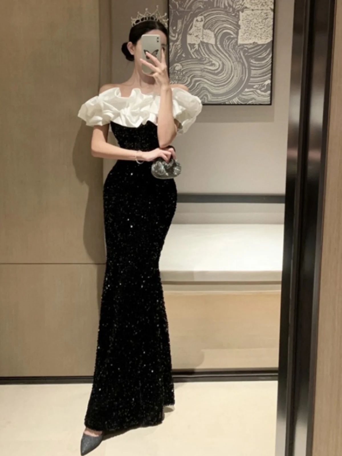 Lady Royal Sister Sle сексуальное длинное платье с открытыми плечами бархатное блестками