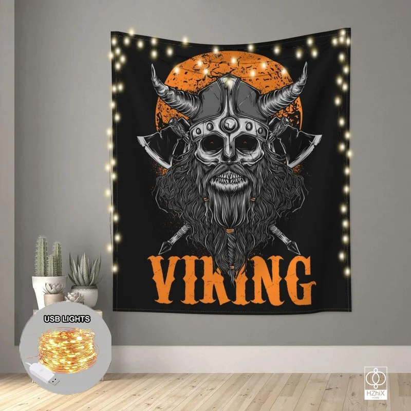 

Nordic Gobelin Viking Tapestry with Lights Mysteriou Wolf Totem Tapestries Wall Hanging Boho Hippe Living Room Decor Aesthetics