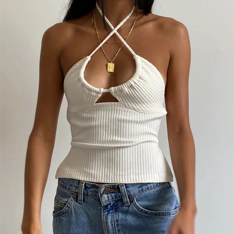 

Y2K Backless Tie-up Halter Crop Top Sexy Hollow Out Chest Wrap Camisole Women Summer Sleeveless Rib Knit Vest Club Streetwear