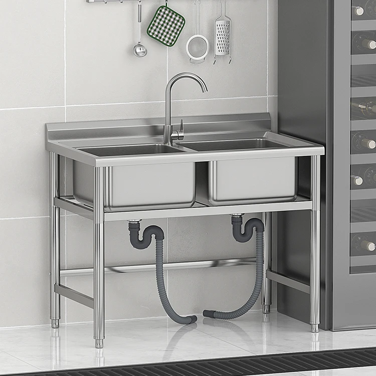 Коммерческая отдельно стоящая кухонная раковина с двойной чашей из нержавеющей