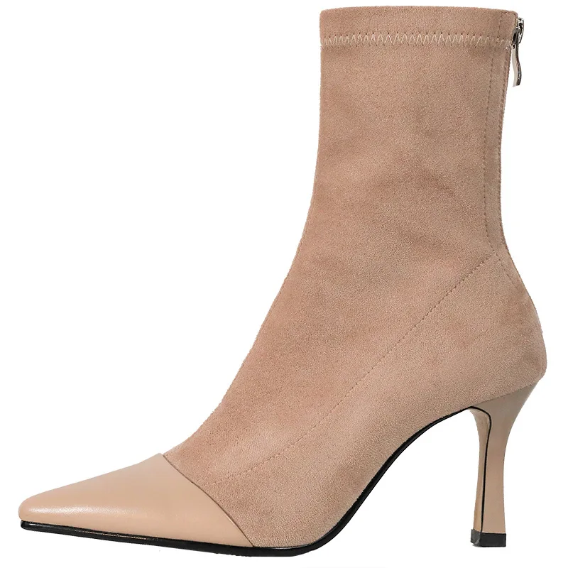 Brand Women's Shoes Zipper White Ankle Boots Boots-Women Fashion Low High Heel Ladies 2023 Pointy Autumn Stockings PU Rome