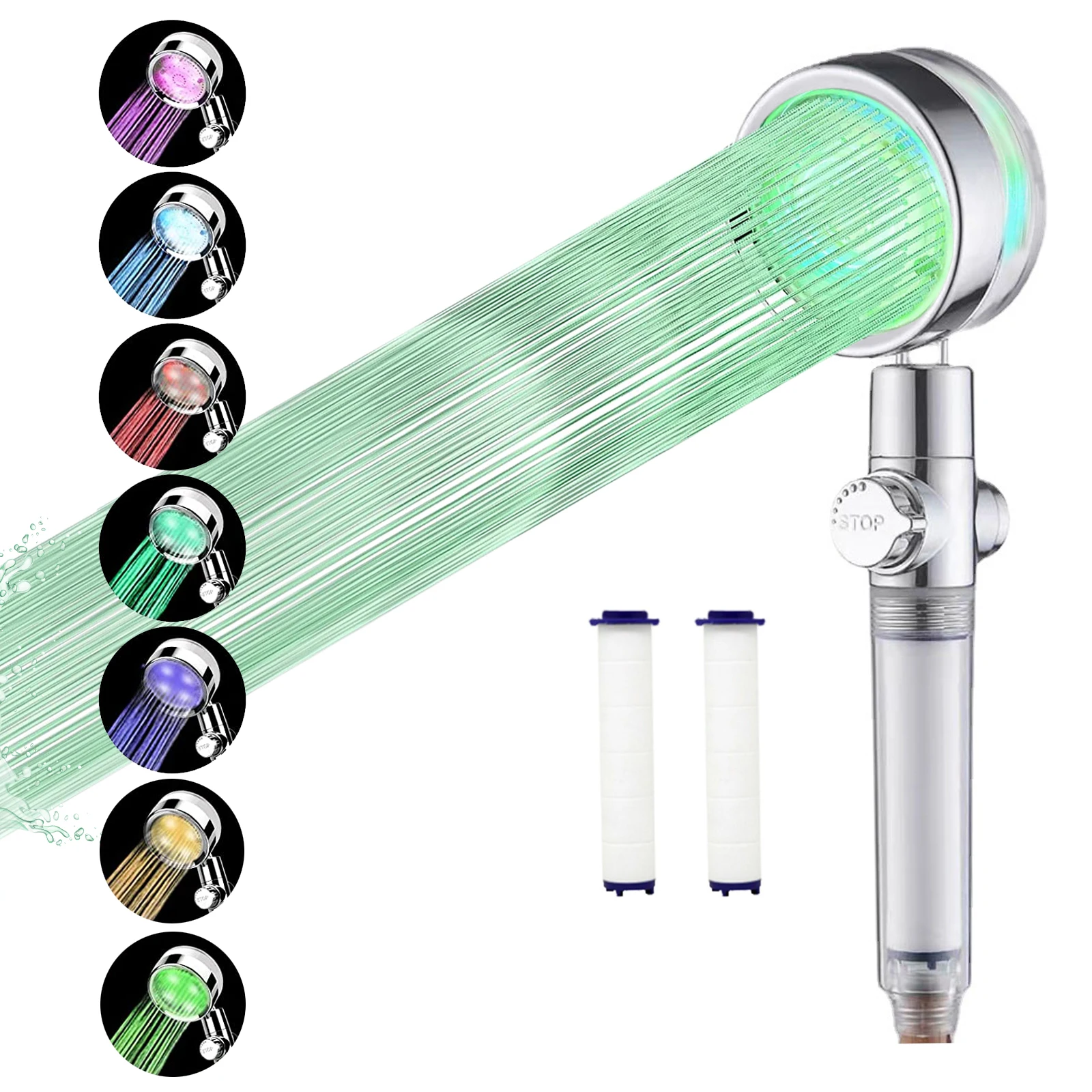 

Handheld Shower Heads High Pressure Filter Water Saving Spray LED Showerheads with 7 Color Changing Temperature Control