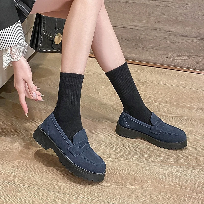 Spring And Autumn Loafers Women 2023 New Comfortable Casual Cowhide British Style Women's Shoes Thick Heel Thick Sole Retro