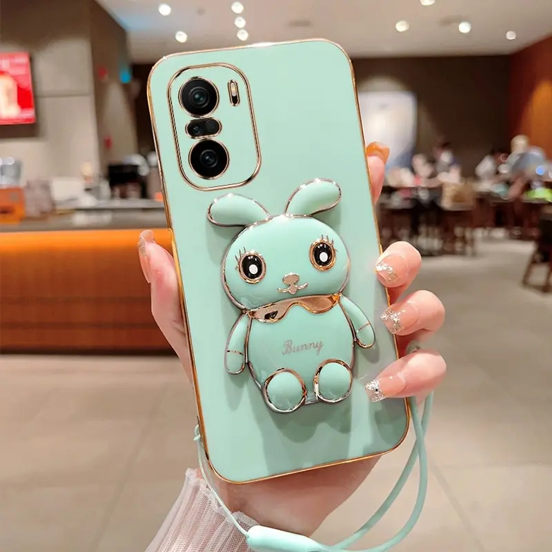 

Phone Case for Xiaomi Poco F3 Poco F3 Pro Luxury Plating Cute Rabbit Fold Stand With Lanyard Phone Case Cover
