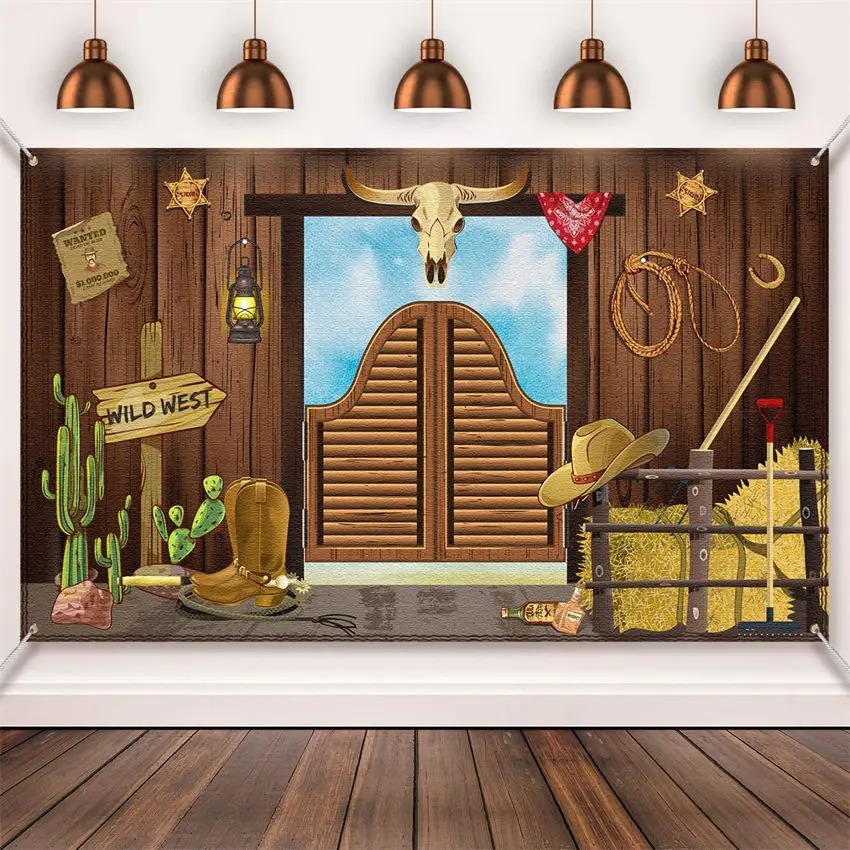 

Western Party Supplies Large Polyester Fabric Saloon Wooden House Barn Banner Cowboy Decoration Photo Booth Backdrop Background