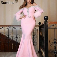 sumnus pink vintange mermaid feather evening dresses 2022 stain crystal long sleeves prom dresses robe de soir%c3%a9e de mariage new