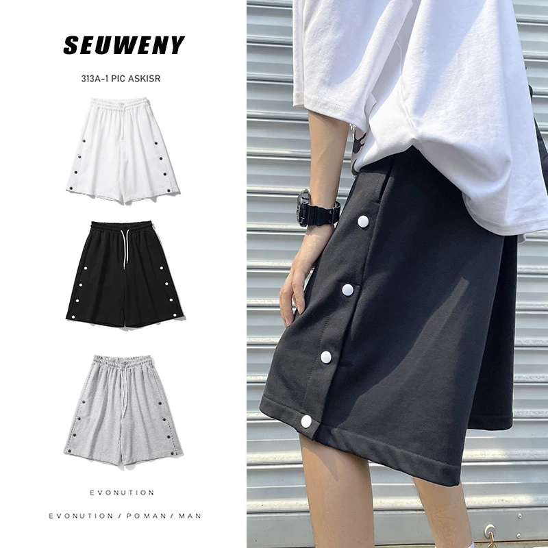 

Summer Men Wide Leg Casual Shorts Korean Baggy Button Slit Ins Knee-length Pants Fashion Street Hip Hop Skateboard Shorts