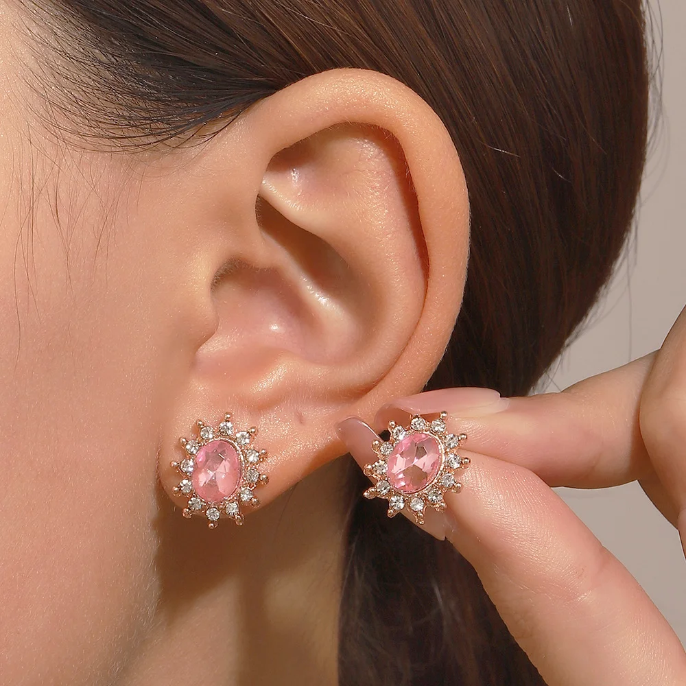 

New Luxury Pink Zircon Sunflower Earrings Full Crystal Earrings Palace Style Flower Earrings Jewelry Women Wedding Gifts 2023