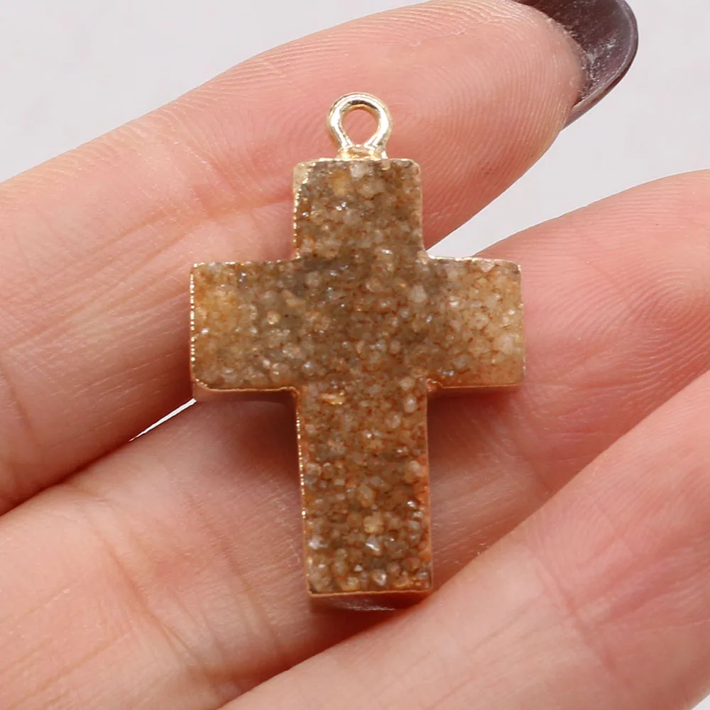 

Подвеска из натурального камня в форме распятия, желтая Друза, агат, Подвески для изготовления ювелирных изделий «сделай сам», ожерелье, сер...