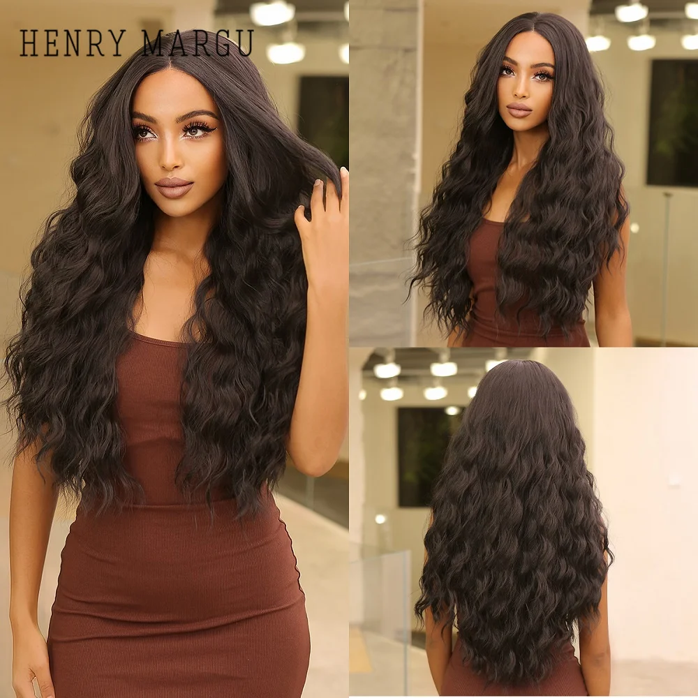 HENRY MARGU 13x4 Long Curly Wavy Lace Front Synthetic Wigs Black Brown Dark Wave Lace Wig for Black Women Natural Cosplay Hairs