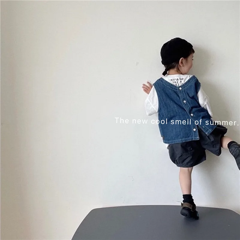 Детский жилет из денима для мальчиков и девочек мягкий джинсовой ткани без