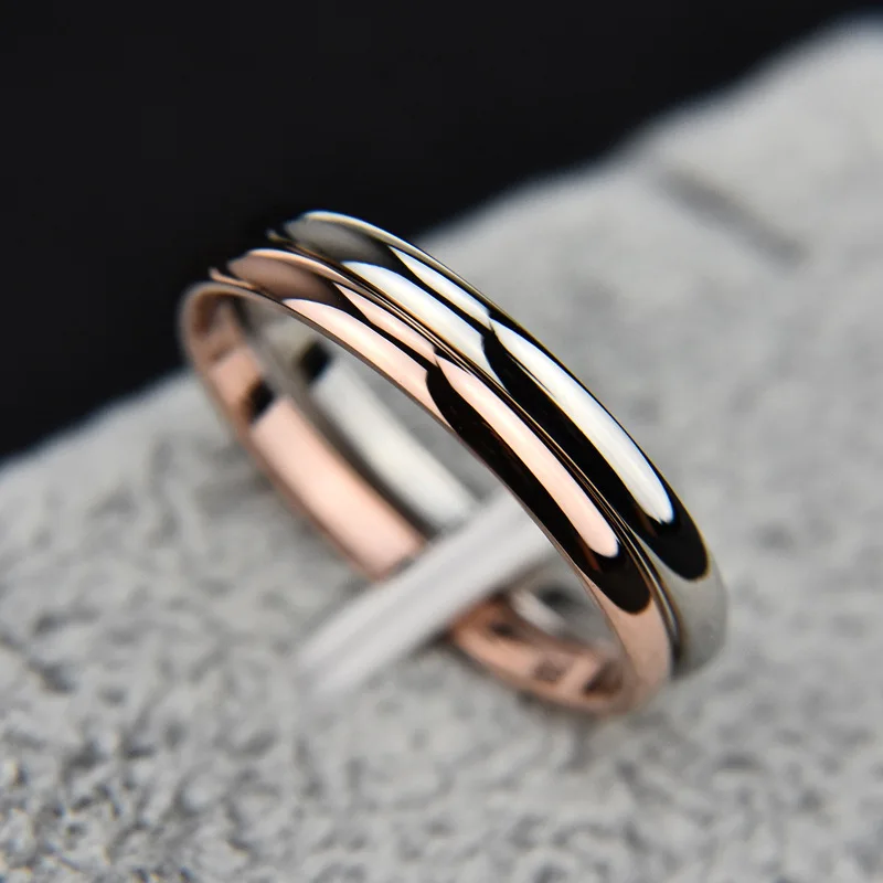 

KNOCK 2 MM Thin Stainless Steel Three color Couple Ring Simple Fashion Rose Gold Finger Ring For Women jewelry