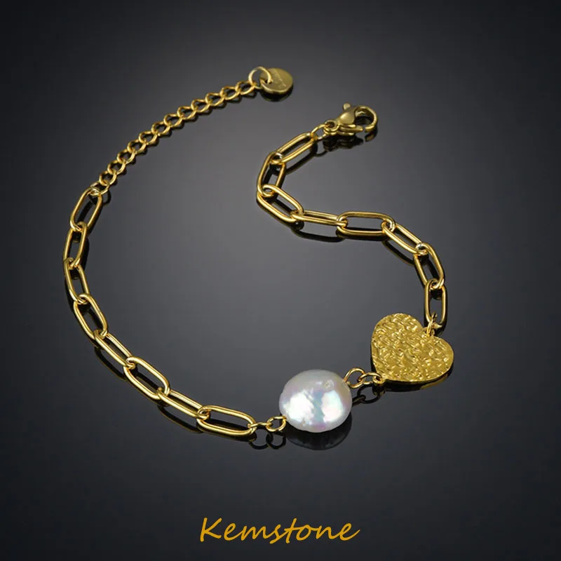 Женский браслет из титановой стали Kemstone с подвеской в виде сердца Жемчужное