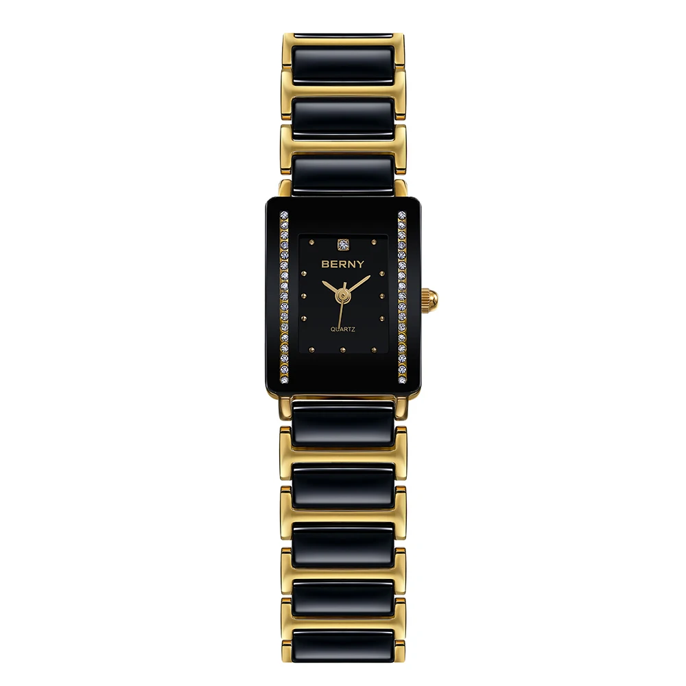 BERNY Luxury Watch for Women Gold Japan Quartz Ladies Wristwatch Rectangle Copper Case Fashion Ceramic Bracelet Watch Female