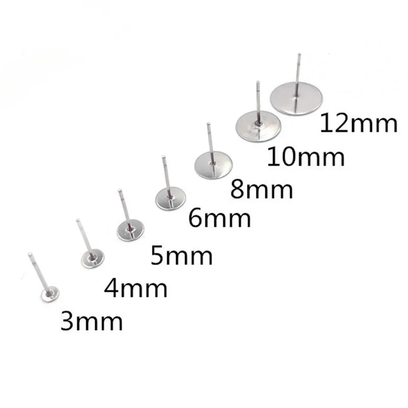 

100pcs/lot 3 4 5 6 8 10 12mm FStainless Steel Blank Post Earring Studs Base Pins Flat Round Ear Supplies for DIY Jewelry Finding