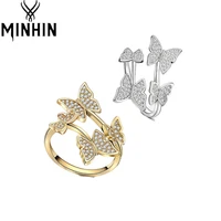minhin animal butterfly open rings for women full crystal finger ring silver gold color stainless steel wedding trendy jewelry