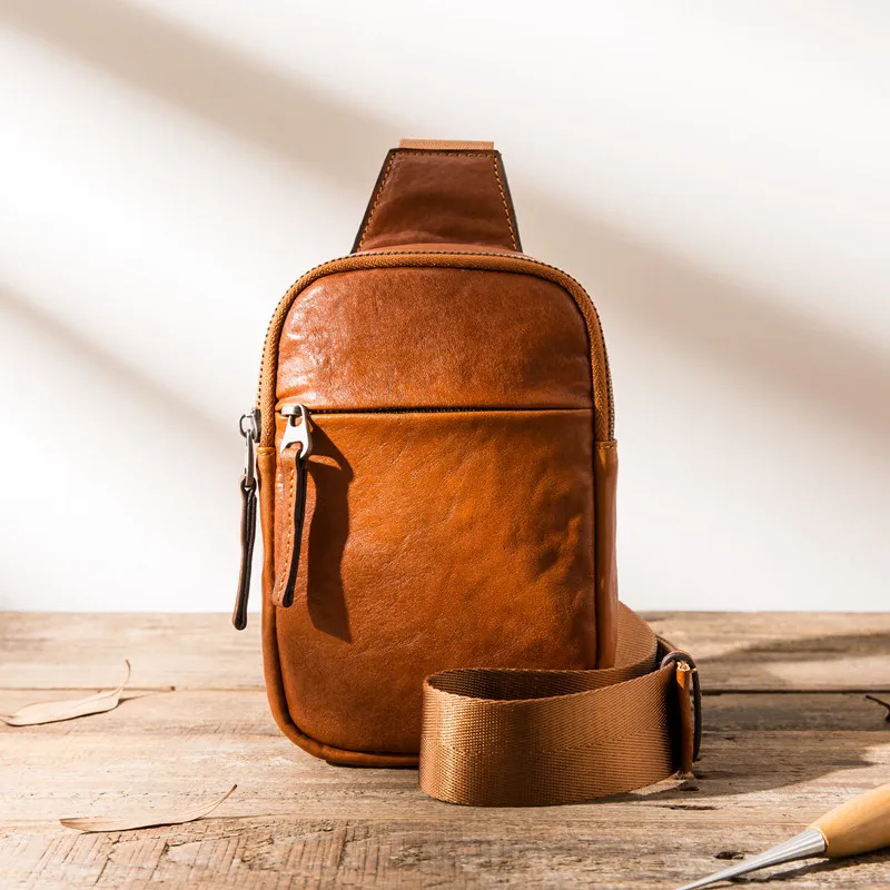 Fashion designer natural genuine leather men's black chest bag outdoor casual daily high quality real cowhide crossbody bags