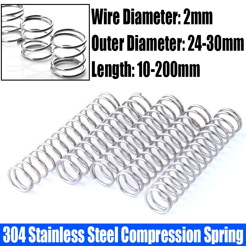 

1/4PCS 2mm Wire Diameter Compression Spring 304 Stainless Steel Pressure Spring Return Spring 24-30mm Outside Diameter L=10-200