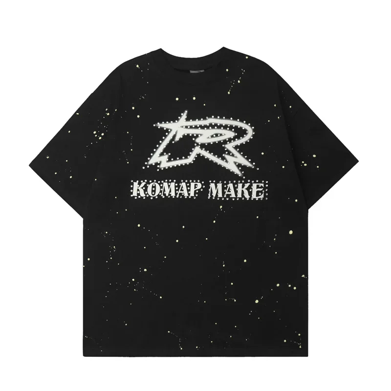 NicheTrendy Brand Sensibility Full Splatter Letter Print Short Sleeves T-Shirt Men Loose Fit Hip Hop Bad Boy Embroidered Top