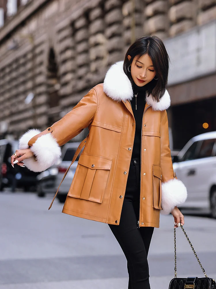 

Hot Sale 2023 90% White Duck Down Women's Down Jackets Fox Fur Collar Coat Female Real Sheepskin Leather Jacket Women Invierno M