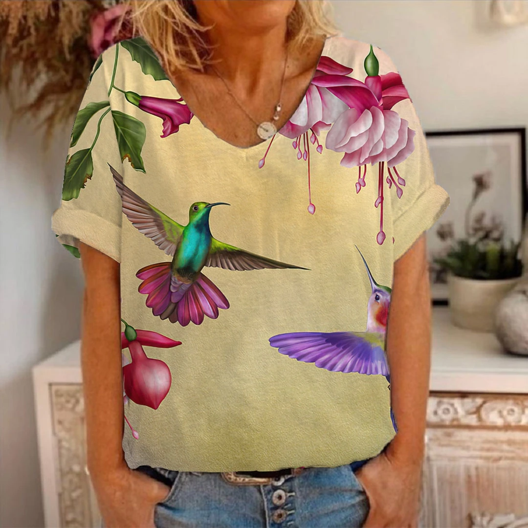 

Ms summer coat color of design of restoring ancient ways of printing female T-shirt v-neck t-shirts