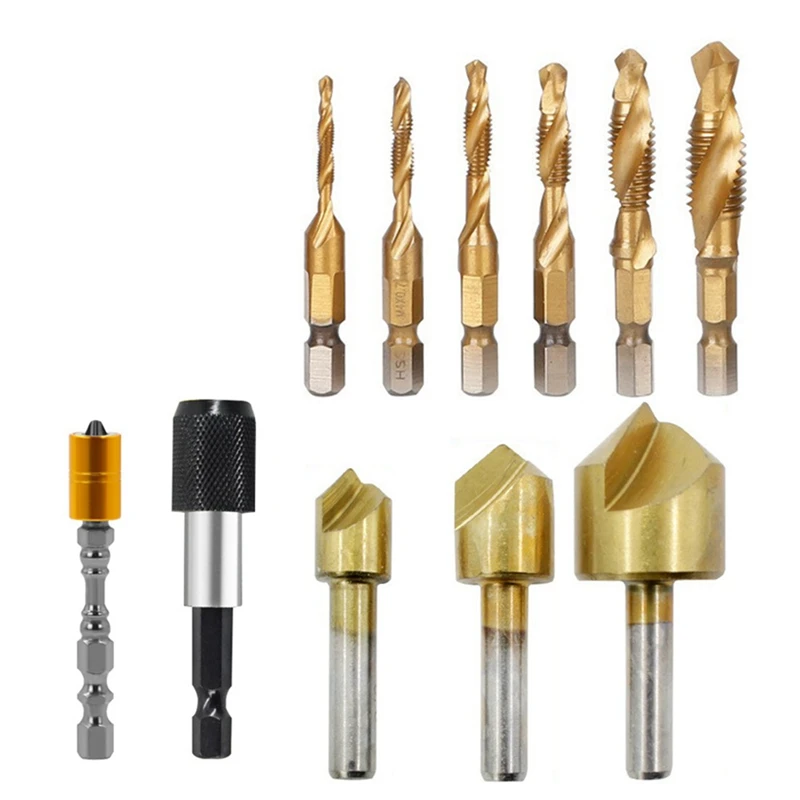 

11Pcs Tap Drill Bit Set Hex Shank Drill And Tap Sets Spiral Screw Tap M3-M10 Chamfer Screwdriver Head Tool Accessories