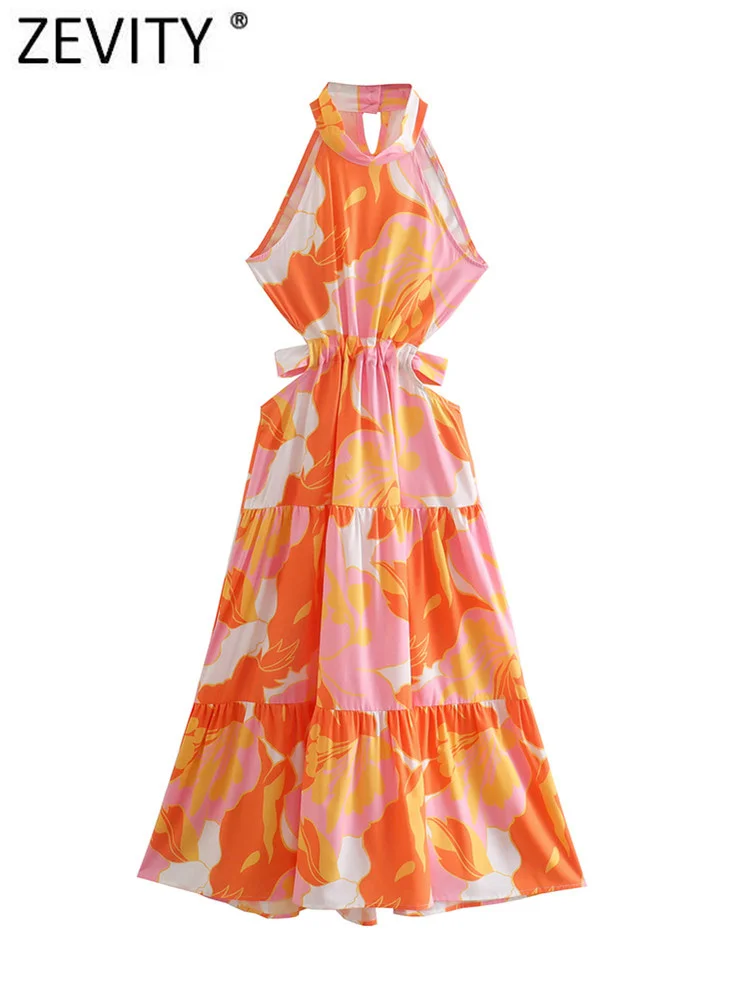 

Zevity Women Vintage Floral Print Backless Halter Midi Dress Female Chic Sleeveless Pleat Ruffles Casual Kimono Vestidos DS1060