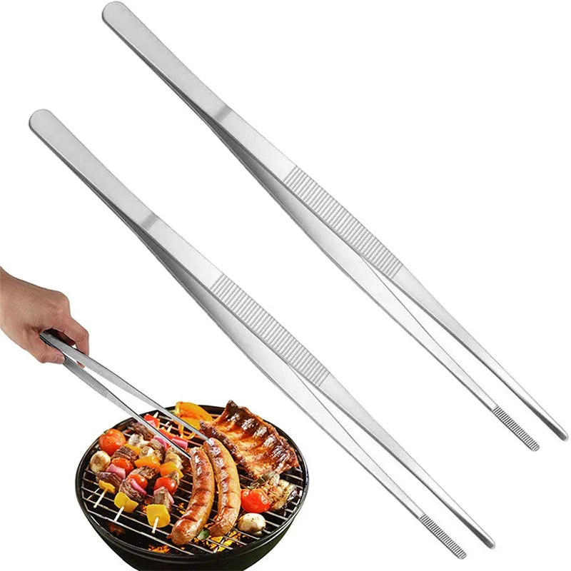 

100Pcs/Lot 30cm Toothed Tweezers Barbecue Stainless Steel Long Food Tongs Straight Home Medical Tweezers Garden Kitchen BBQ Tool