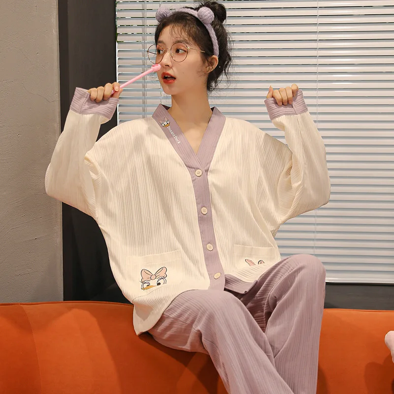 Comfortable Breathable Sleepwear Cardigan Long Sleeve Loungewear Pijamas Set for Women Kimono Large Size Women's Home Clothes