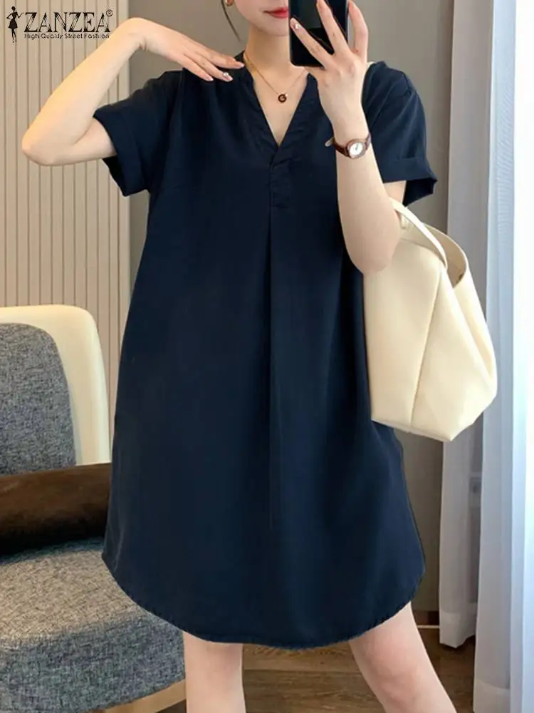 

Женское Короткое платье ZANZEA с коротким рукавом, летнее Повседневное платье, праздничный свободный сарафан, модное повседневное однотонное мини-платье с V-образным вырезом