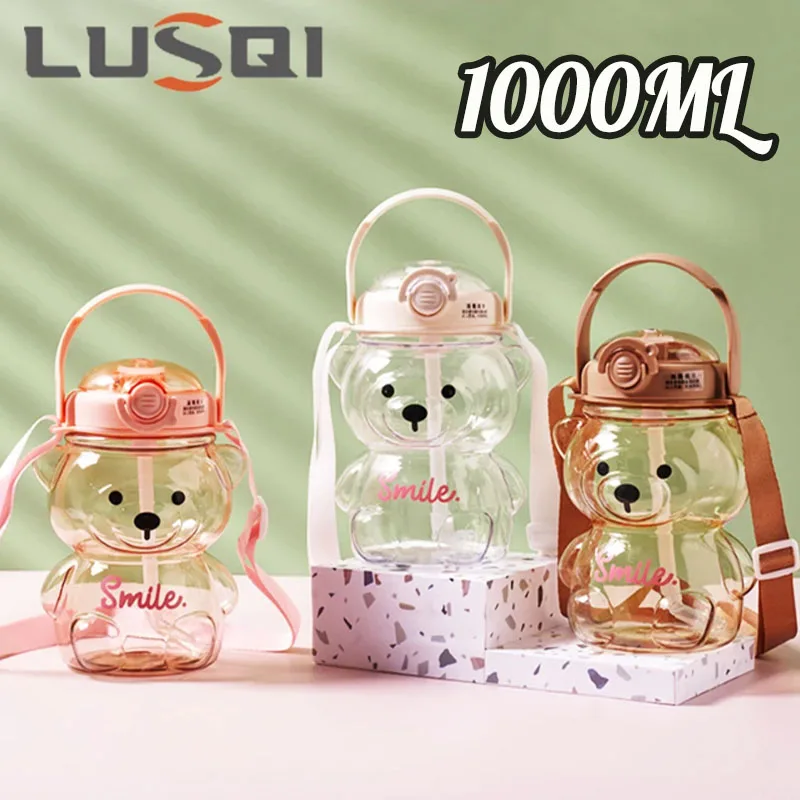 Портативная Бутылка Для Воды LUSQI Kawaii Bear С Соломой Милая Дорожная Кружка