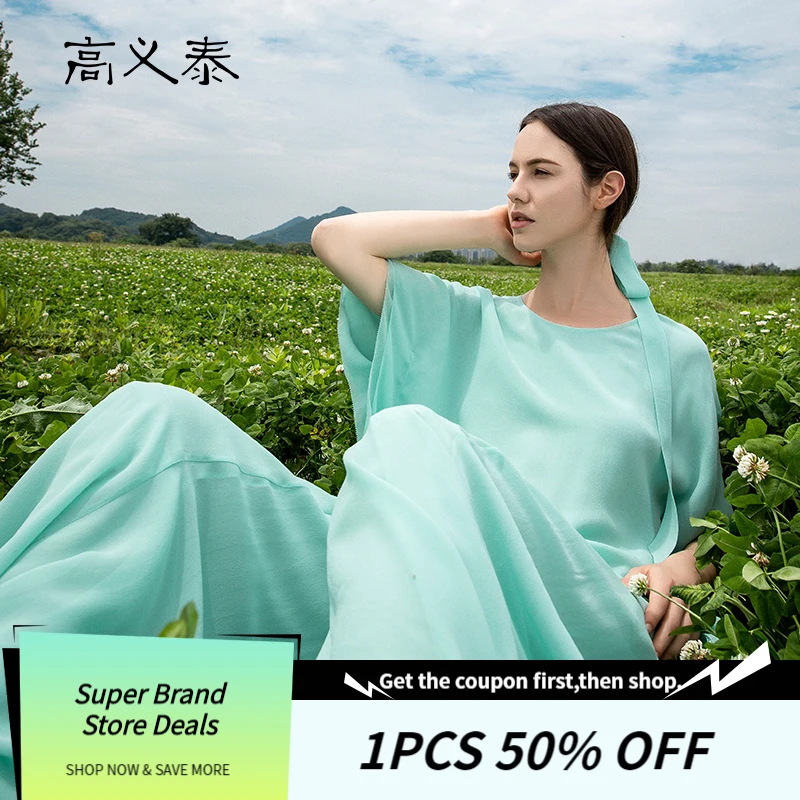 

O-neck Five-point Dolman Sleeves on The Silk Sharp Angle Slanted Sky Blue Green Wide and Casual Double Layer Silk Top BY250