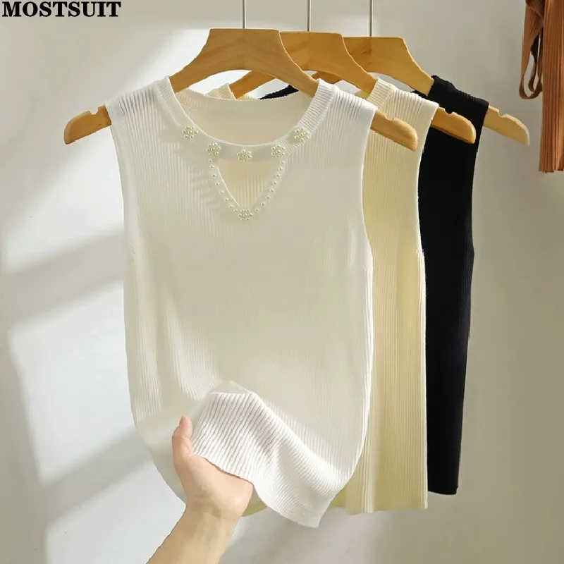 

Beaded Sleeveless Slim Knit Vests Women Pullover Tops 2023 Summer O-neck Ice Silk Solid Sexy Elegant Fashion Female Knitwear Tee