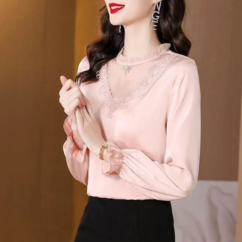 

Office Lady Solid Color Elegant Lace Spliced Blouse Women's Stylish Ruffles Spring Autumn Three-dimensional Decoration Shirt New