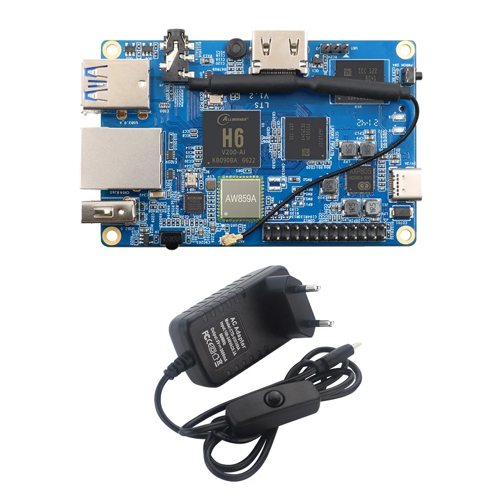 

For Orange Pi 3LTS Allwinner H6 Quad-Core 2GB+8GB EMMC Flash HD+WIFI+BT5.0 Open Source Board with Power Adapter EU Plug